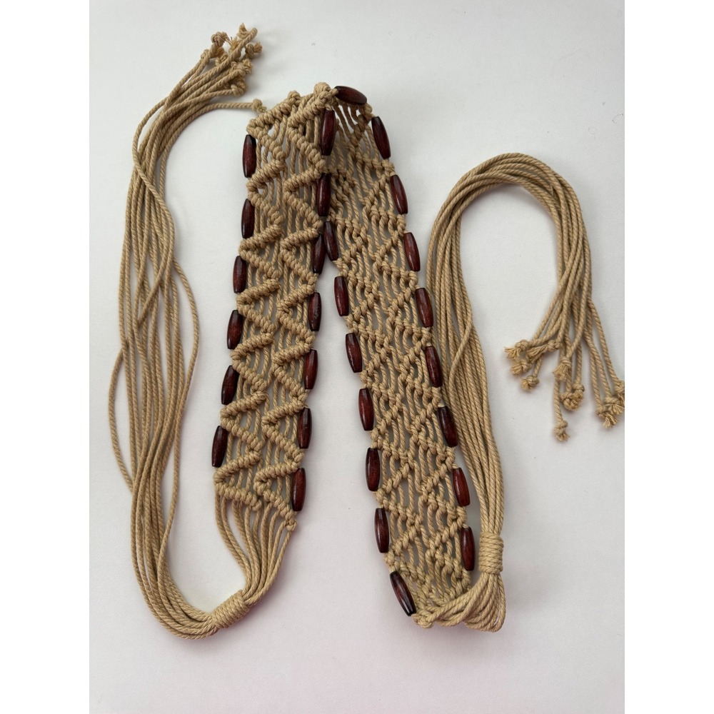 Handmade Macrame Belt Tan Cord Wood Beads Boho Hippie Festival Tie Waist